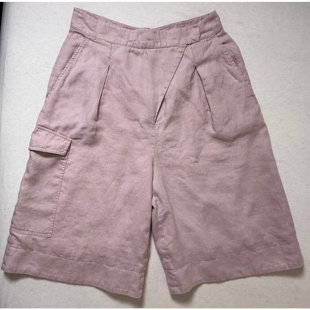 Nicholas Imani Pink Linen Overlapped Pleated Bermuda Cargo Shorts Quiet Luxury